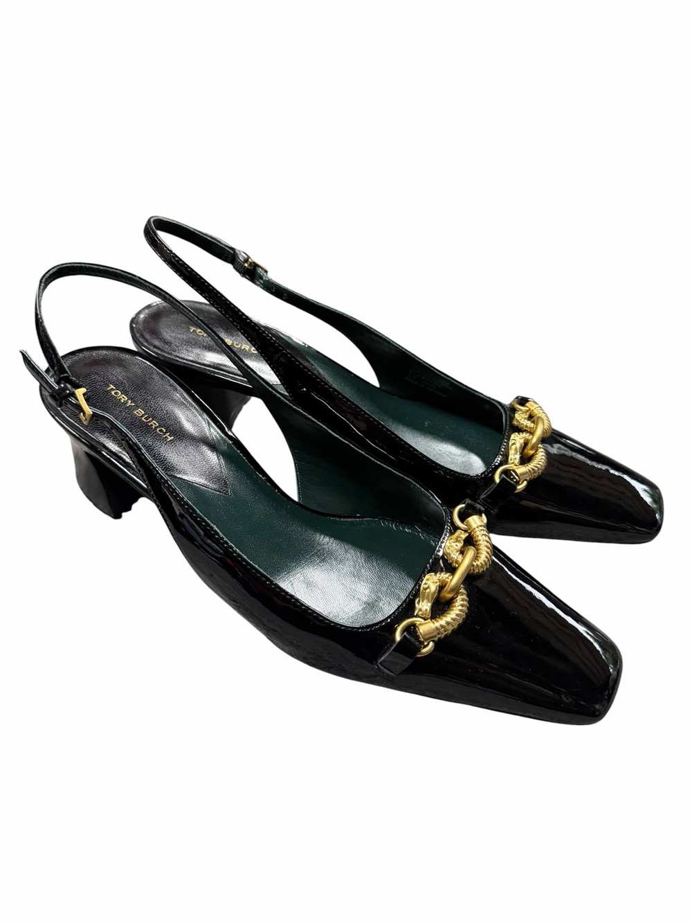 Tory Burch Jessa Slingback Pumps Black Patent Leather Gold Horsebit Size 9.5